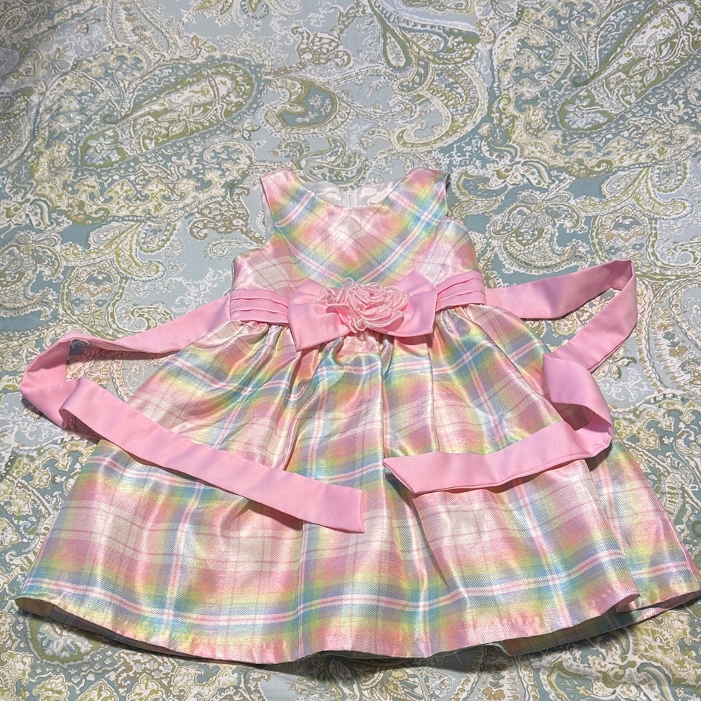 Pastel Plaid rainbow Dress with Pink Sash size 6